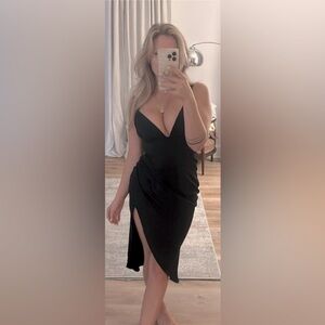 Chic Black Midi Dress with deep V-Neckline